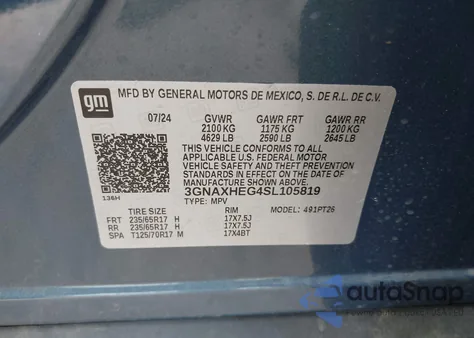 2025 Chevrolet Equinox Fwd Lt из США, поврежденный, VIN 3GNAXHEG4SL105819